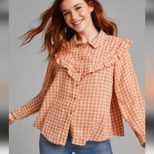 Amercian Eagle Western Plaid Ruffle Blouse Sz L